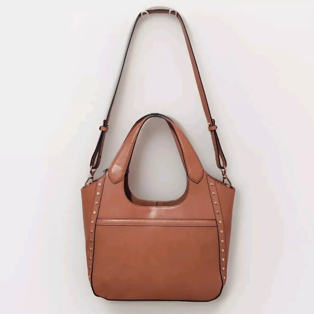 NEW Brahmin Carla Tan Nelani Medium Zig Zag Woven Leather Satchel Caramel Color - Picture 4 of 12